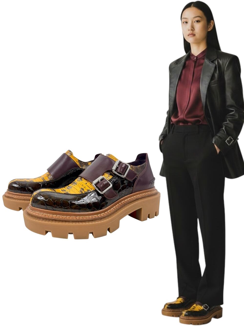 New Christian Louboutin Antonina College Croc Leather Loafers Brown Size 37.5